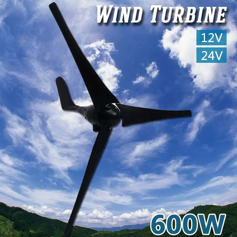 

600W 12 V 24 Volt 3 Nylon Fiber Blades Horizontal Wind Turbines Generator Power Windmill Energy Charger Kit Home Black