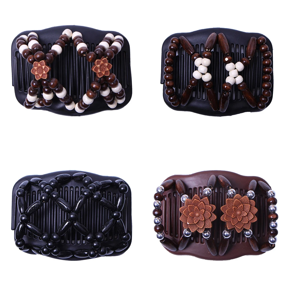 

Fashion Women Wood Double Beaded Hair Comb Clip Stretchy Hair Comb Clip Beads Elasticity Hairpin Clip Accessories 05#