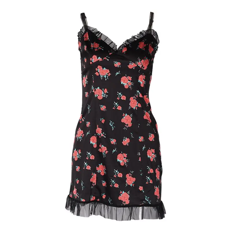 

Women Mini Dresses Casual Sexy Club Gothic Black Vintage Aline Strapless Floral Bowknot Print Hollow Mesh Ruffles Female Dress