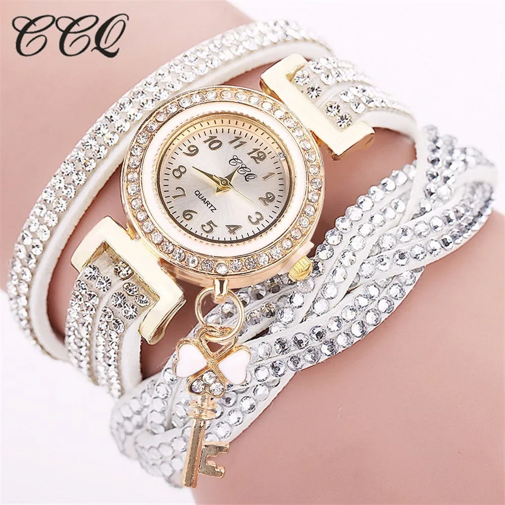 

CCQ Brand Fashion Women Rhinestone Watch Luxury Braided Leather Bracelet Watch Analog Quartz Clock Relogio Feminino Hot