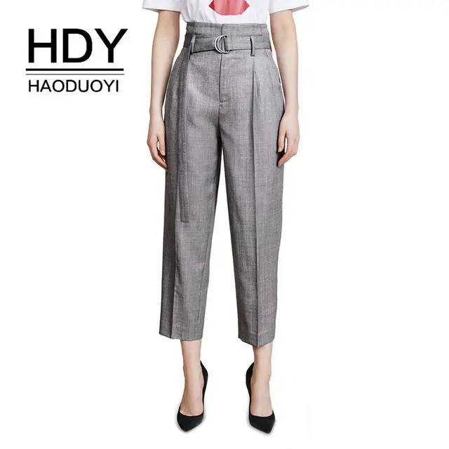$US $16.69  HDY Haoduoyi 2019 New Women Autumn Simple Gray High Waist Show Leg Long Metal Ring Bandage Show Thi