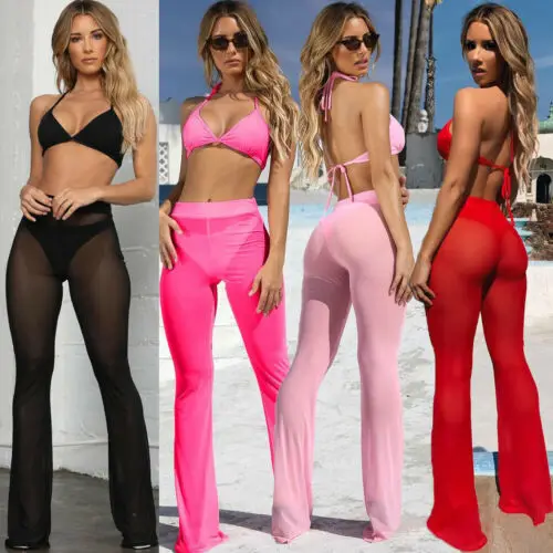 

2019 New Women High Waist See Through Flared Leg Mesh Summer Beach Long Pants Trousers