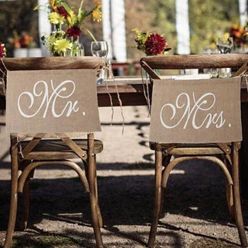 

2pcs/set Props Wedding Chair Banner Reception Rustic Vintage Pennant Mr And Mrs Decoration Linen Flag Anniversary Photograhs