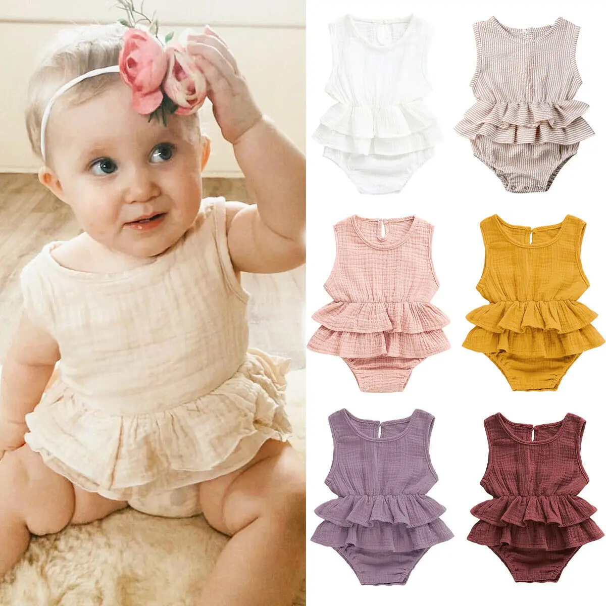 

Solid Sleeveless Ruffles Baby One Piece Bodysuit for Kids Girls