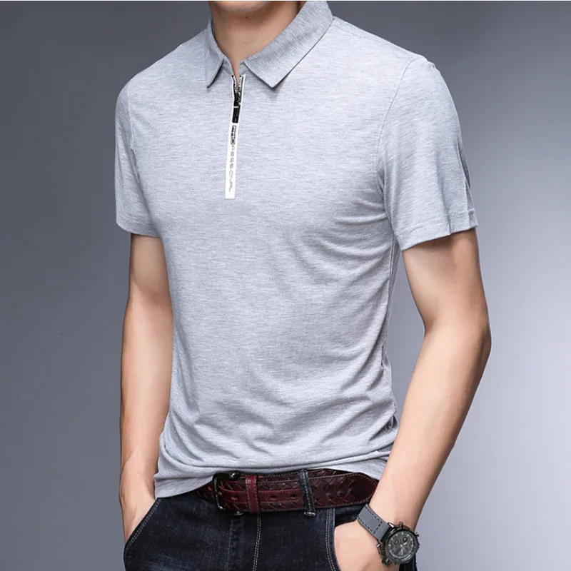 Мужская рубашка поло летняя тонкая однотонная Модная брендовая дизайнерская хлопковая рубашка поло с воротником на молнии Мужская рубашка поло с коротким рукавом