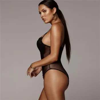 

Women Sexy Hollow Out Mesh Lace Skinny Bodysuit See Through Sleeveless Jumpsuit Short Fashion Tansparent Playsuit