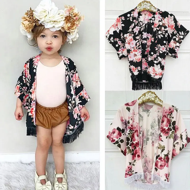 

Kids Toddler Baby Girls Chiffon Tassel Kimono Outfit Open Cardigan Cover up Tops Shirt for 1-4T Girl