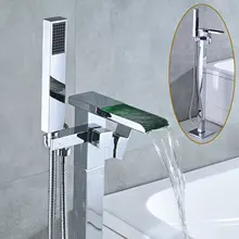 Полированный хромированный напольный водопад со светодиодной лампой смеситель для ванной с ручной душевой хромированной отделкой отдельно стоящий