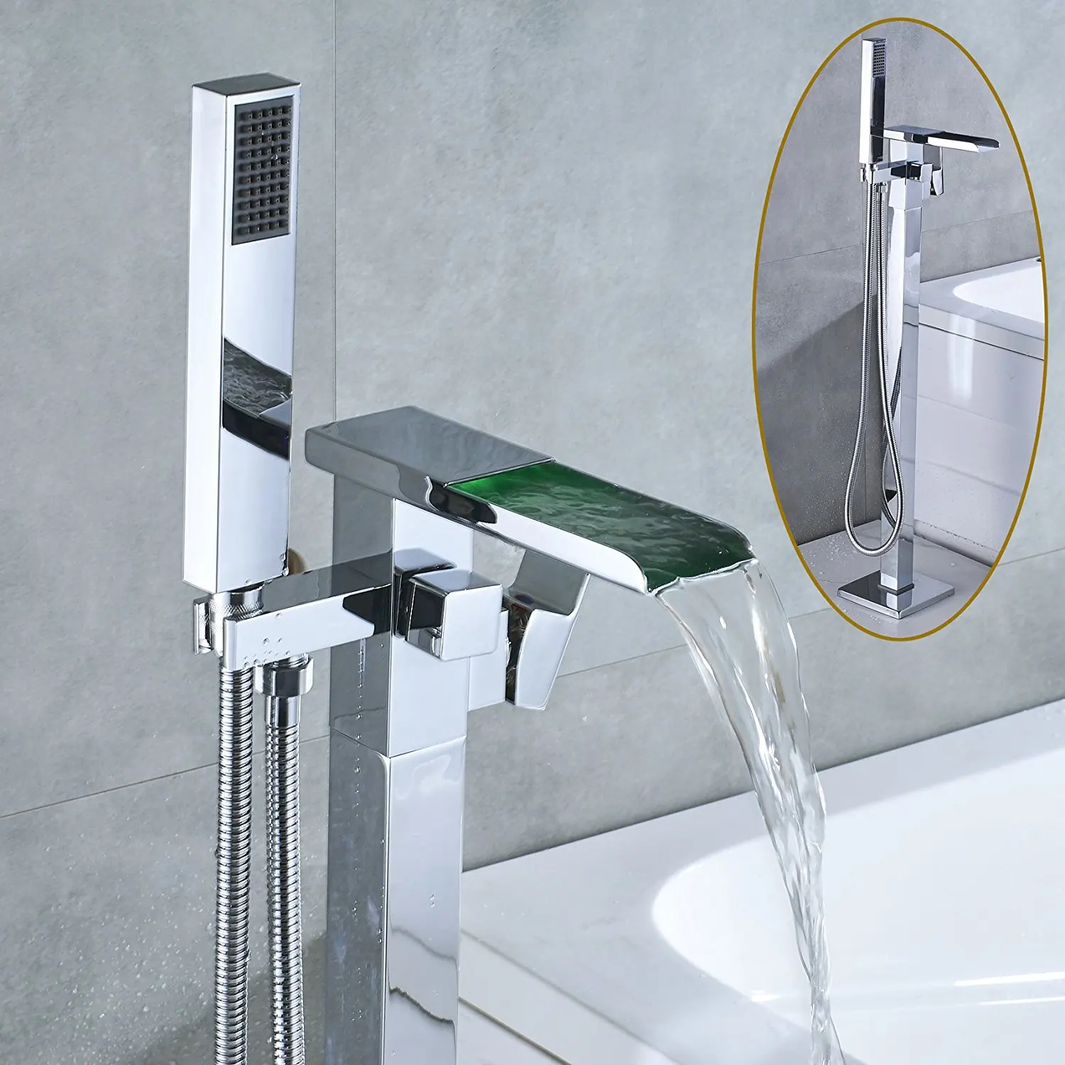 Polished Chrome Floor Mounted LED Light Waterfall Bathtub Faucet with