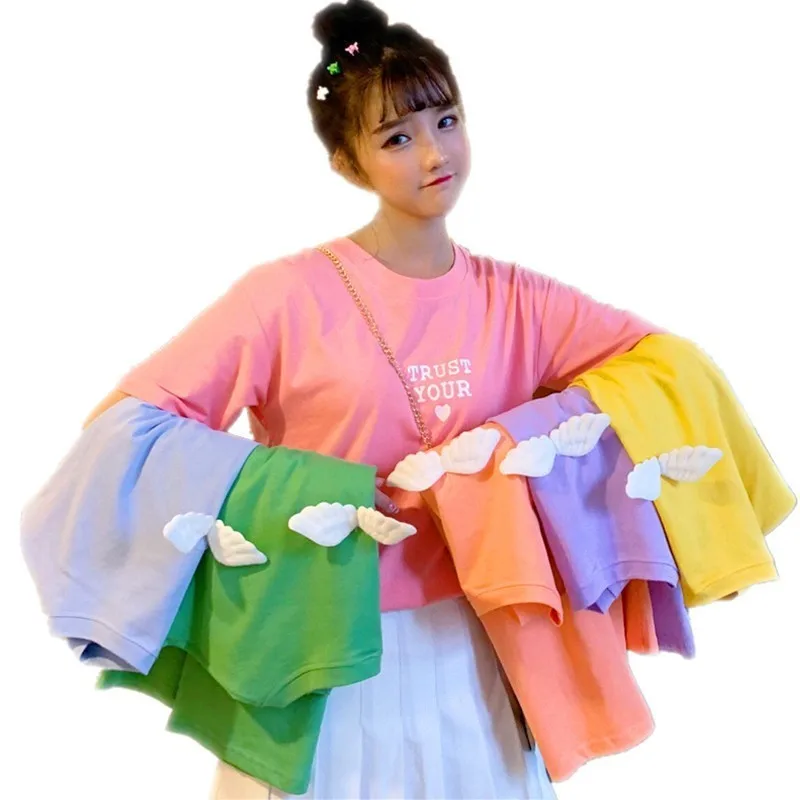 

Mori Girls Summer Candy Color Kawaii Tshirt Back 3D Angle Wings Applique Casual T Shirt Women Letter Printed Cute Tee Tops XXL