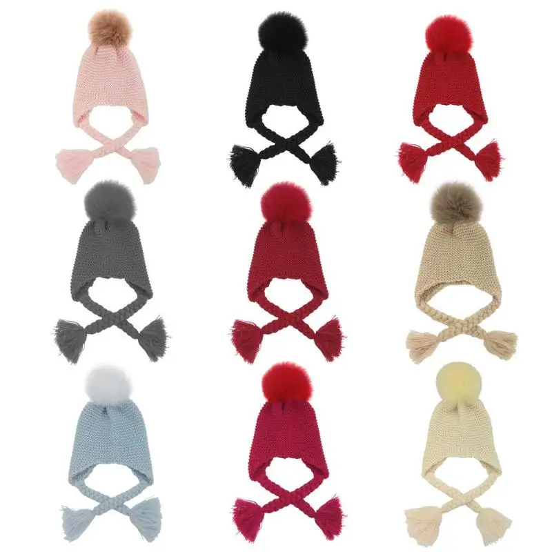 

1pc Colorful Cute Winter Warm Hat Hair Ball Children Faux Fur Pompom Knitted Beanie Cap Woolen Warm Knitted Beanie Hat Thicker