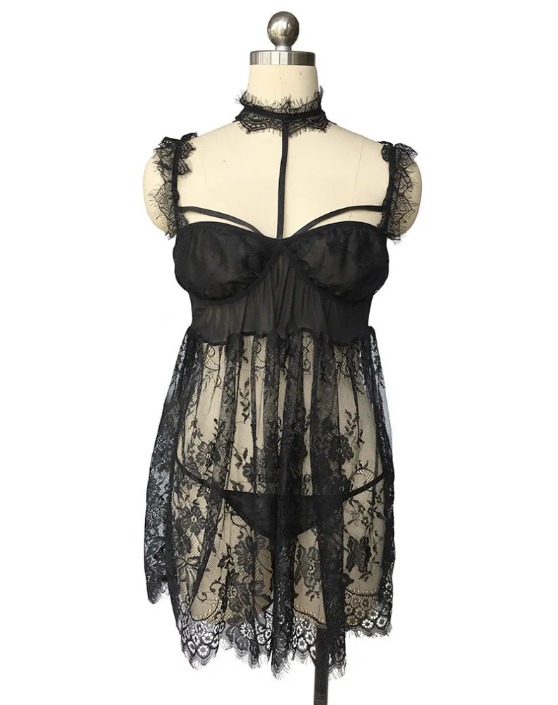 Oversized Sexy Lace Lingerie Plus Size Women Erotic Babydoll Costume Transparent Mesh Halter Dress Hollow Out Underwear Lenceria