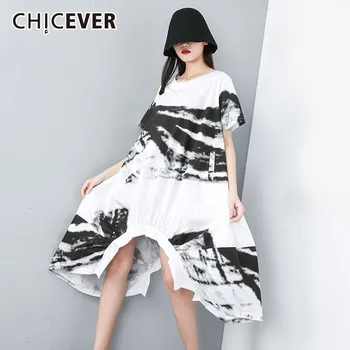 

CHICEVER Summer Casual Print Irregular Hem Women Dress O Neck Pullover Short Sleeve Loose Plus Size Dresses 2020 Fashion New