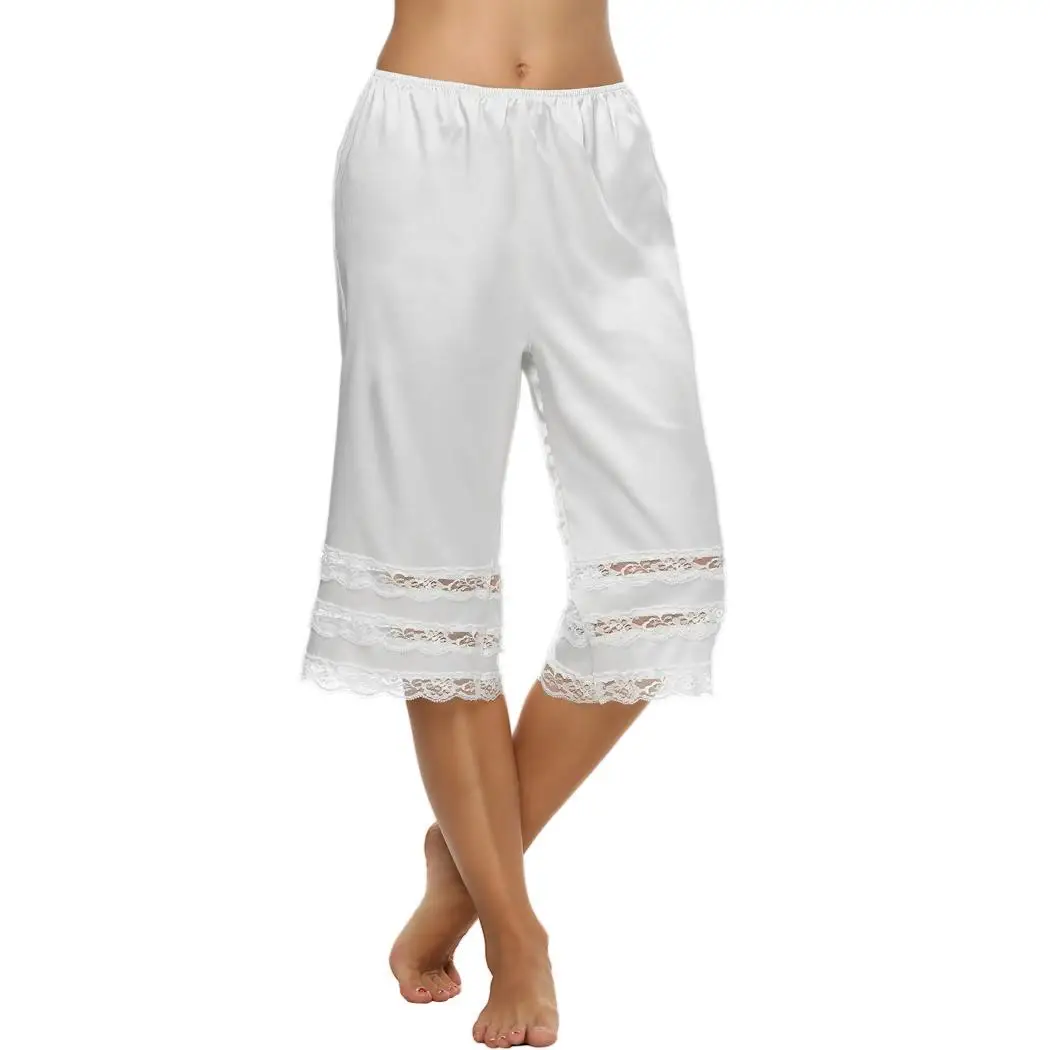 Women Casual Loose Elastic Waist Lace Trimming Patchwork Culottes Slips