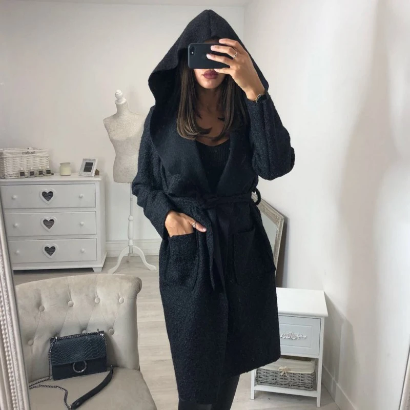 Autumn Thin Coat Women Hooded Wool Blends Coats Female Belted Long Sleeve Solid Outwear Windbreaker Ladies