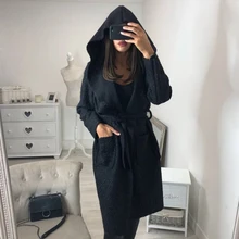 Autumn Thin Coat Women Hooded Wool Blends Coats Female Belted Long Sleeve Solid Outwear Windbreaker Ladies