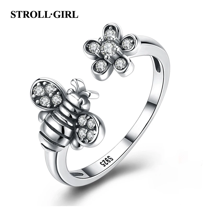 

Strollgirl Authentic 925 Sterling Silver Lovely Animal little Bee ring Open Size Finger Rings for Women Sterling Silver Jewelry