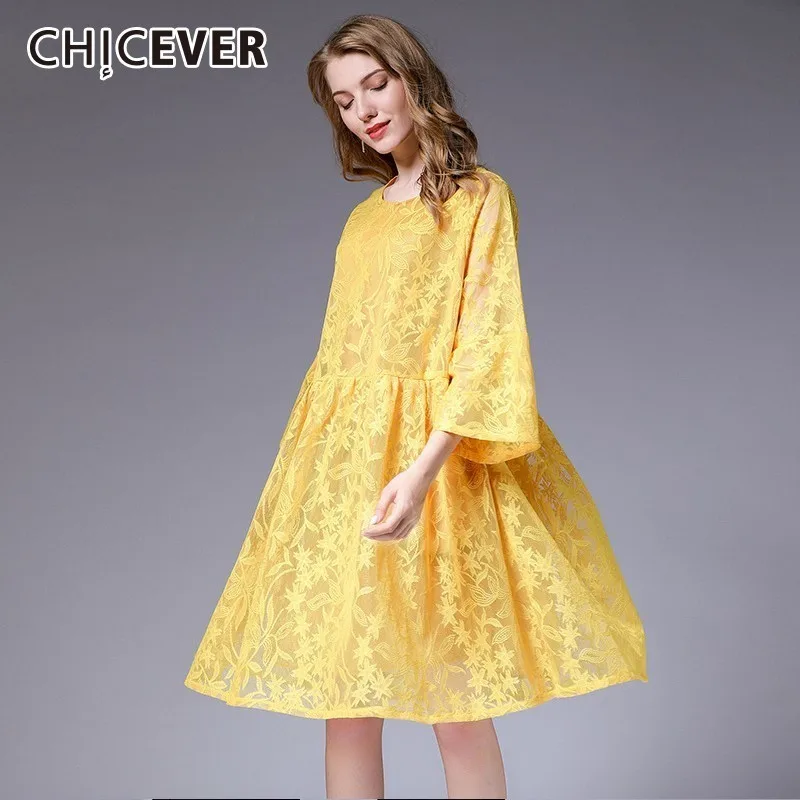 

CHICEVER Patchwork Lace Dresses Of The Big Sizes O Neck Three Quarter Sleeve Perspective Hollow Out Dress Female Loose Oversize