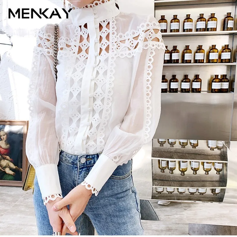 

MENKAY 2019 Elegant Summer New Vintage Hollow Out White Tops Women Lantern Sleeve Stand Collar Ladies Fashion Clothing