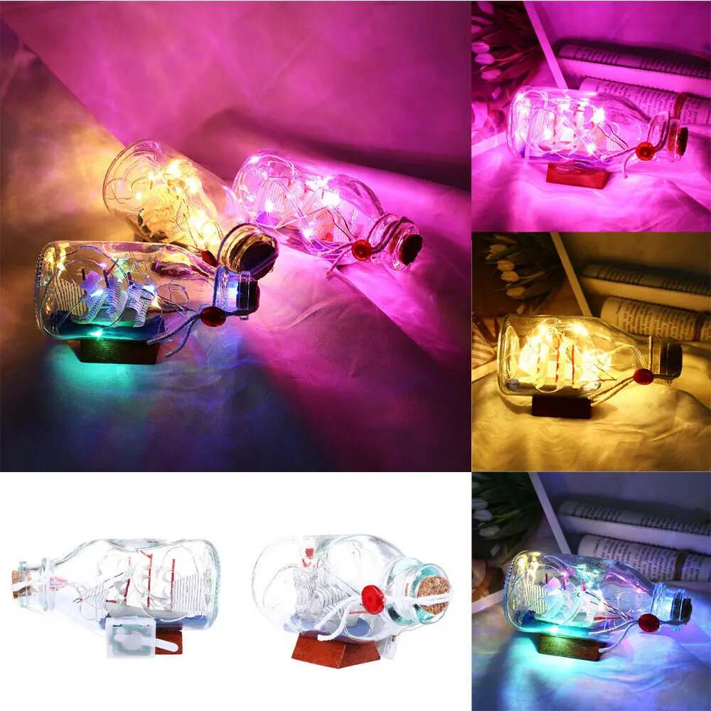 

USB Lighting Home decorations Miniature Glass Spanish Ship in Sealed Bottle with Wooden Plinth Support