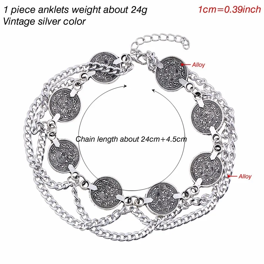 Винтаж серебристый металлик для монет ботильоны браслет для Для женщин чешские Цыганский пляж сексуальные цепочка с кисточками индийский ножной браслет бижутерия для ног 1 шт