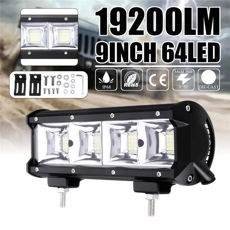 

Hot 192W 9Inch LED Work Light Bar Quad Row Driving Lamp 12-24V 6000K for Offroad 4WD SUV IP68 64pcs 3030 LEDs