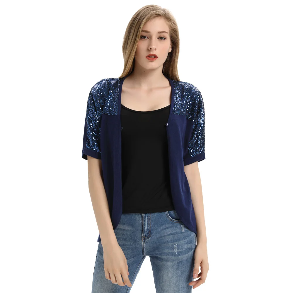 

New vintage One button design knitted coat Women fall spring Short Sleeve V-Neck Irregular Hem sequin decor Knitwear Coat ladies