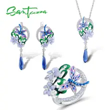 SANTUZZA, ювелирный набор, 925 пробы, серебро, для женщин, стрекоза, цветок, кольцо, серьги, кулон, набор, модное ювелирное изделие, ручная работа, эмаль
