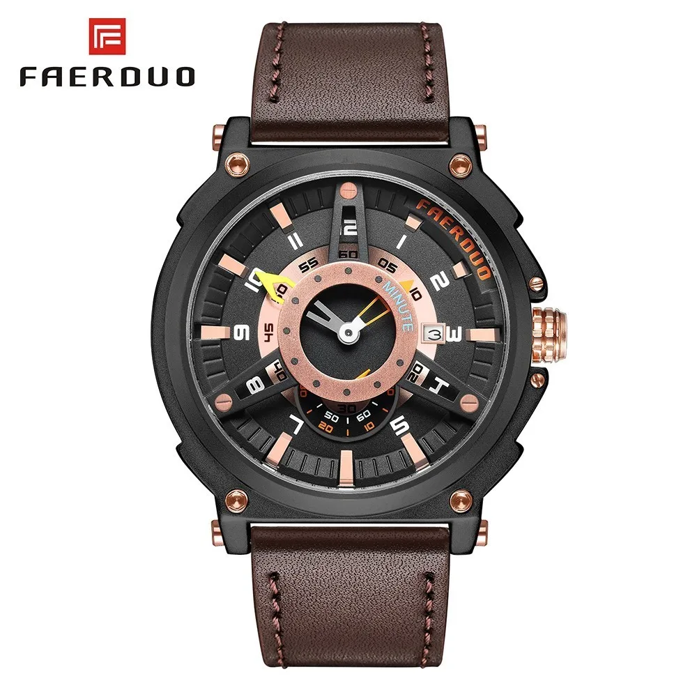 

FAERDUO Unique Fashion Men Sports Watches Quartz Watch Men Waterproof Wrist Watches Army Men's Watch Leather Man Clock Calendar
