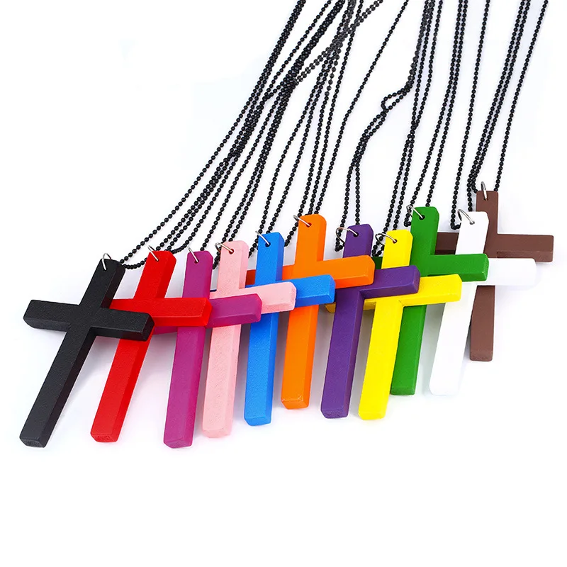 

2019 Europe and America Fashion Hot Simple Beads Chain Colorful Cross Pendant Necklace Wooden Cross Regilious Jewelry Male Femal
