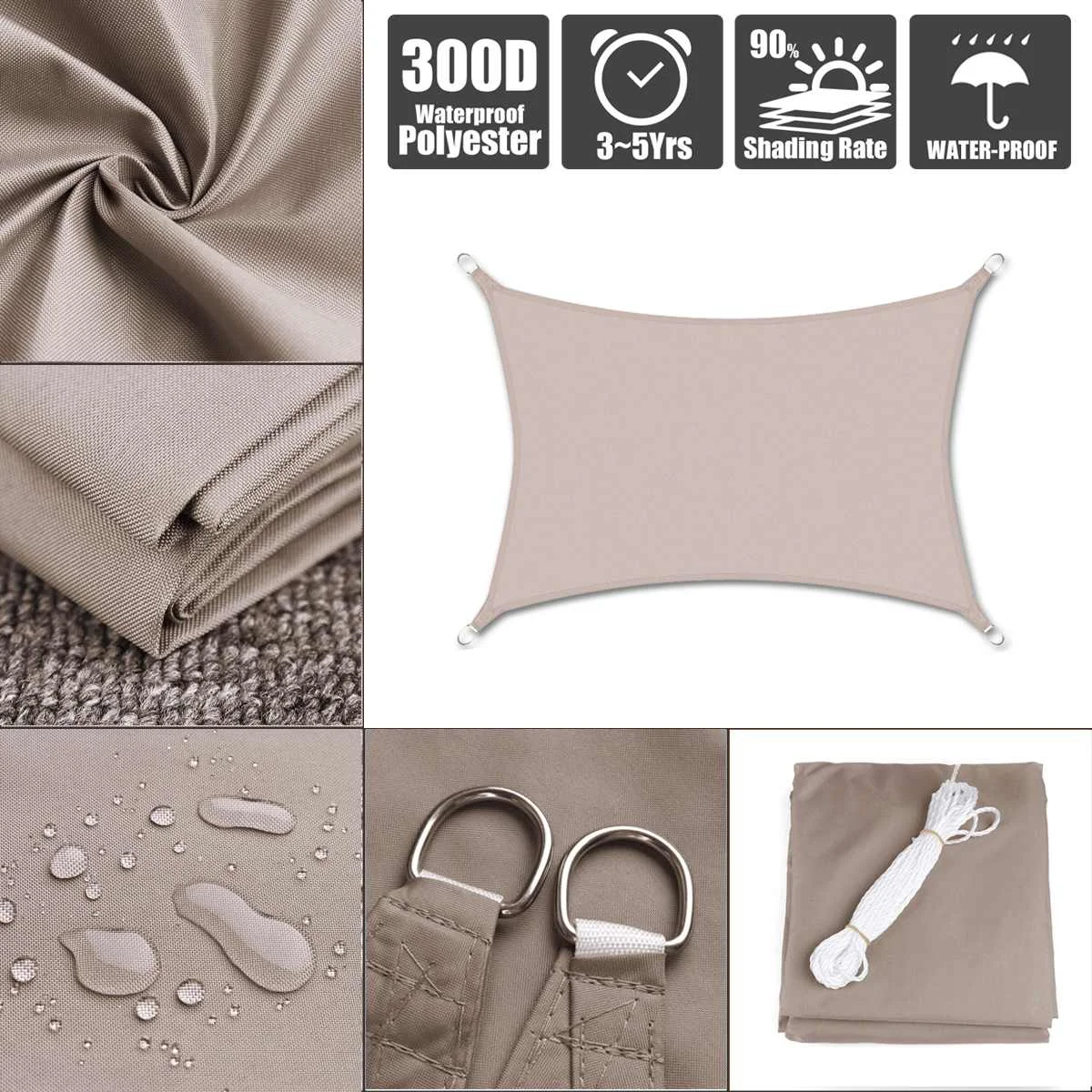 

300D Waterproof Polyester Rectangle Awning Sun shading net Sun Shade Sail Outdoor Sun Shelter Khaki