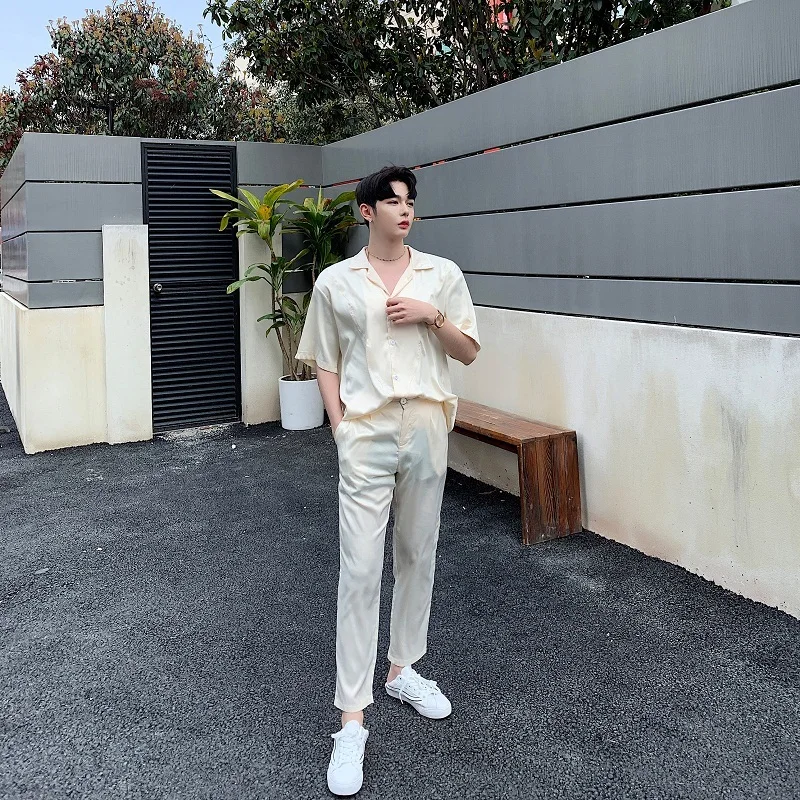 Men's Trousers 19 Summer New Loose Solid Color Fashion Satin Temperament Nine Points Pants Straight Youth Casual Men's Clothing