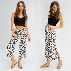 2019 для женщин Мода Palazzo широкие брюки высокая Талия Длинные Свободные Повседневное Leopard летние штаны мотобрюки