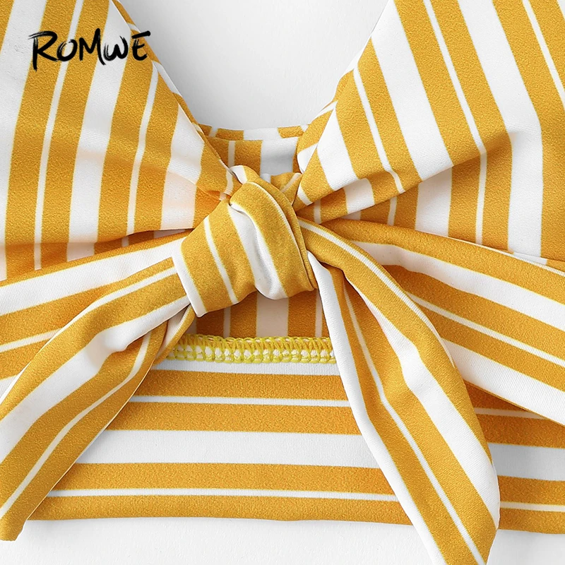 Sport Yellow Vertical Striped Knot Front V Neck Wireless Bikini Set Women Summer Low Waist Swimsuit Beach Swimming Wear Sport Yellow Vertical Striped Knot Front V Neck Wireless Bikini Set Women Summer Low Waist Swimsuit Beach Swimming Wear