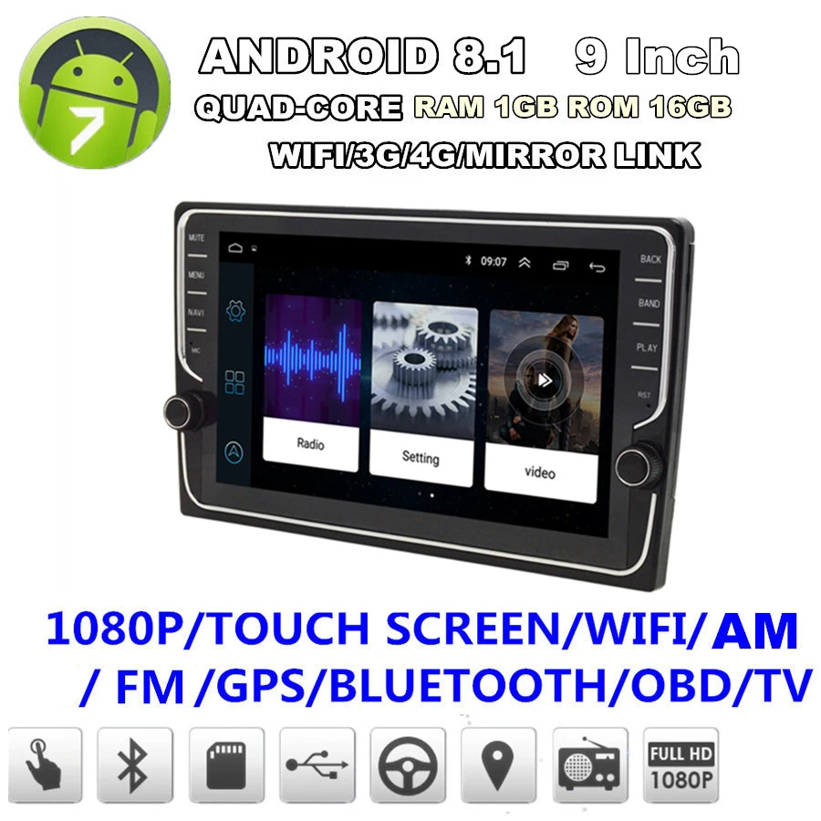 

9 Inch Touchscreen Universal 2DIN Android 8.1 1080P unit multimedia stereo with Button Knob GPS Wifi BT DAB Mirror Link OBD