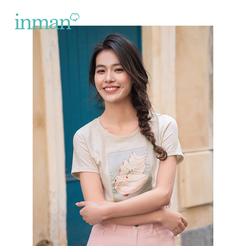 

INMAN 2019 Summer New Arrival O-neck Funny Print Literary Korean Fashion All Matched Short Sleeve Women Shirt