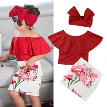 Летняя милая детская одежда для маленьких девочек красный топ с открытыми плечами+ юбка с цветочным рисунком+ повязка на голову, комплект одежды детские комплекты