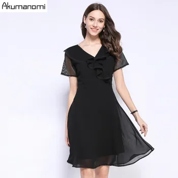 

Summer Dress 2019 Plus Size 5xl Black Ruffles V-neck Short Sleeve Above Knee Women chiffon Mesh Party Dress Robe Femme Vestidos