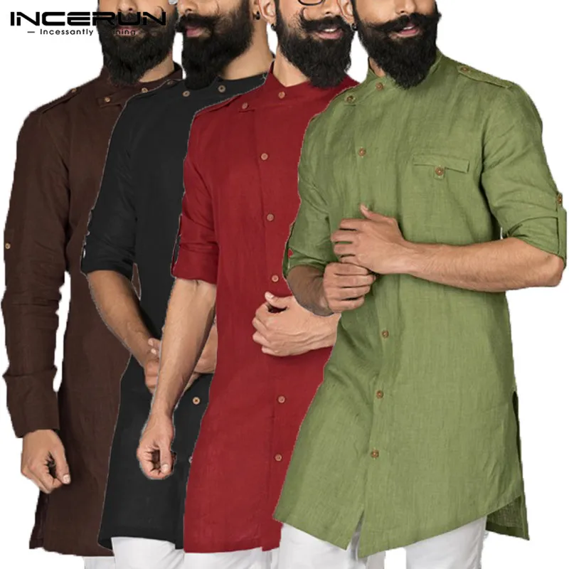 Шикарные Курта костюмы индийская мужская одежда платье рубашка с длинным рукавом на пуговицах Свободные Арабские исламские костюмы сорочка