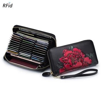 

Peony Flower Freehand Sketching Leather Women Long Wallet Accordion RFID Credit Card Phone Clutch Wallet with Coin Zipper Pocket