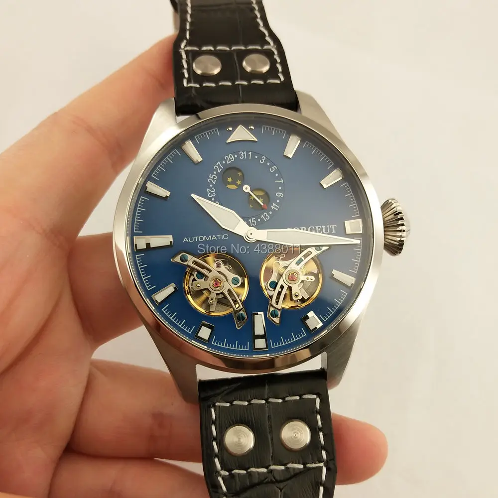 

47mm Corgeut blue dial flywheel Mechanical Automatic Mens Date Watch