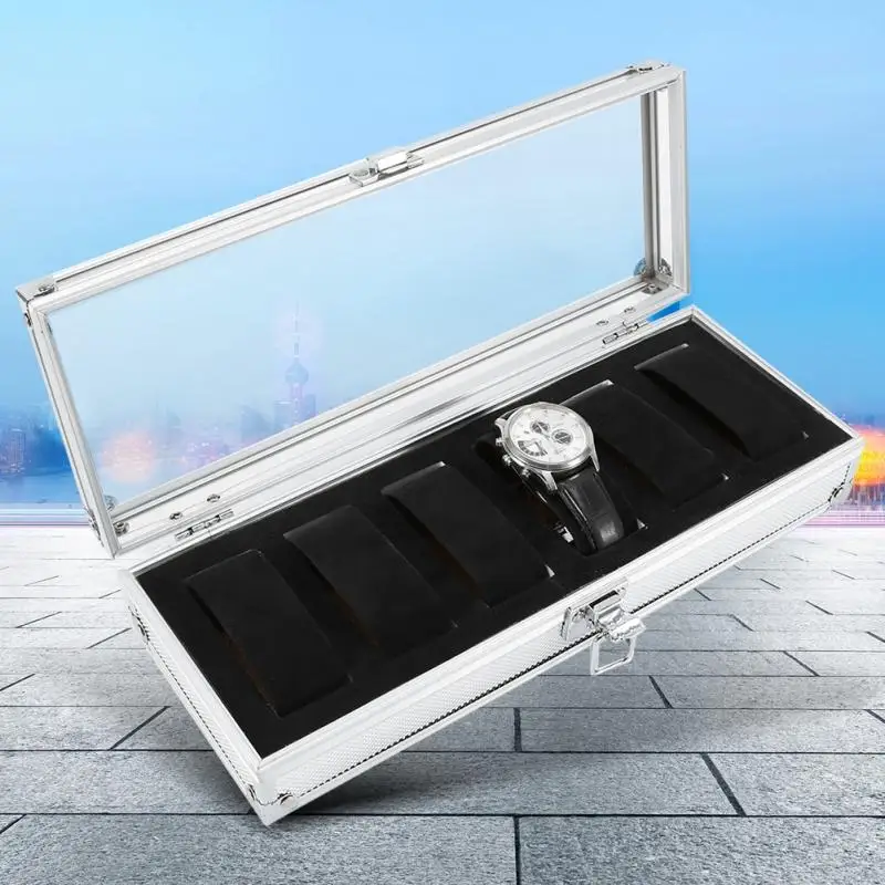 

Aluminum Rectangle Watch Jewellery Display Storage Organizer Box Case New 1Pc 6/12 Grid Slots Elegant Sliver Watch Case Box