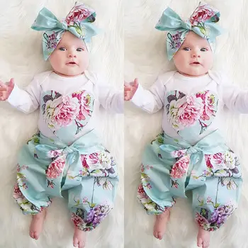 

Newborn Infant Kid Baby Girls Boys Floral Casual Clothes 3pcs Jumpsuit Romper + Pants + Headband Outfits Lots A