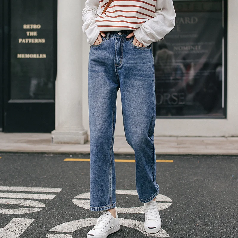 Blue Denim Jeans Woman Straight Leg Mid Waist Mom Jeans Streetwear Korean Fashion Loose Pants 6175#