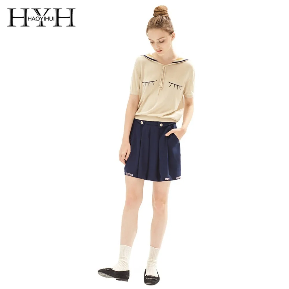 

HYH Haoyihui College British Girls Eye Knit T-Shirt Preppy Style Navy Neckline Pure Clear Color Women Sailor Collar Tops
