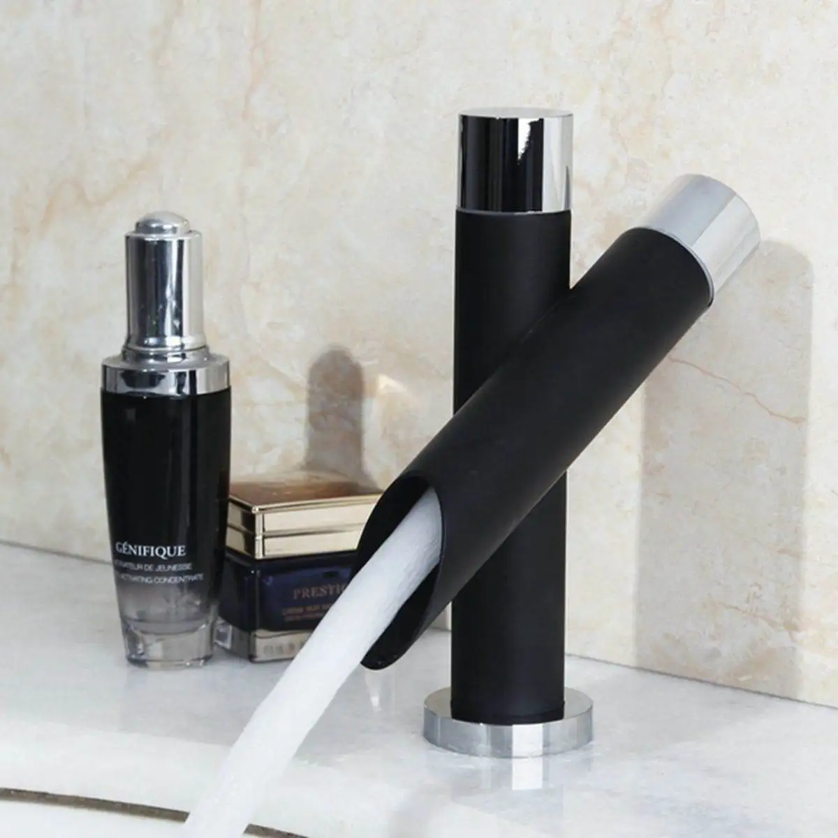 

Bathroom Unique Single Handle Black Waterfall Basin Faucet Spout Deck Mounted Bronze Finished Hot And Cold Water Mixer Tap
