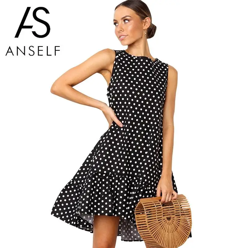 

2019 Summer Women Dress Ruffles Print Polka Dot Dresses Irregular Sleeveless Vintage A-line Swing Dress Ladies Office Chic Dress