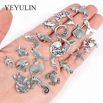 

40pcs Antique Silver Color Sea Animal Marine Organism Alloy Pendant Bracelet Charm For DIY Fashion Jewelry Making Accessories