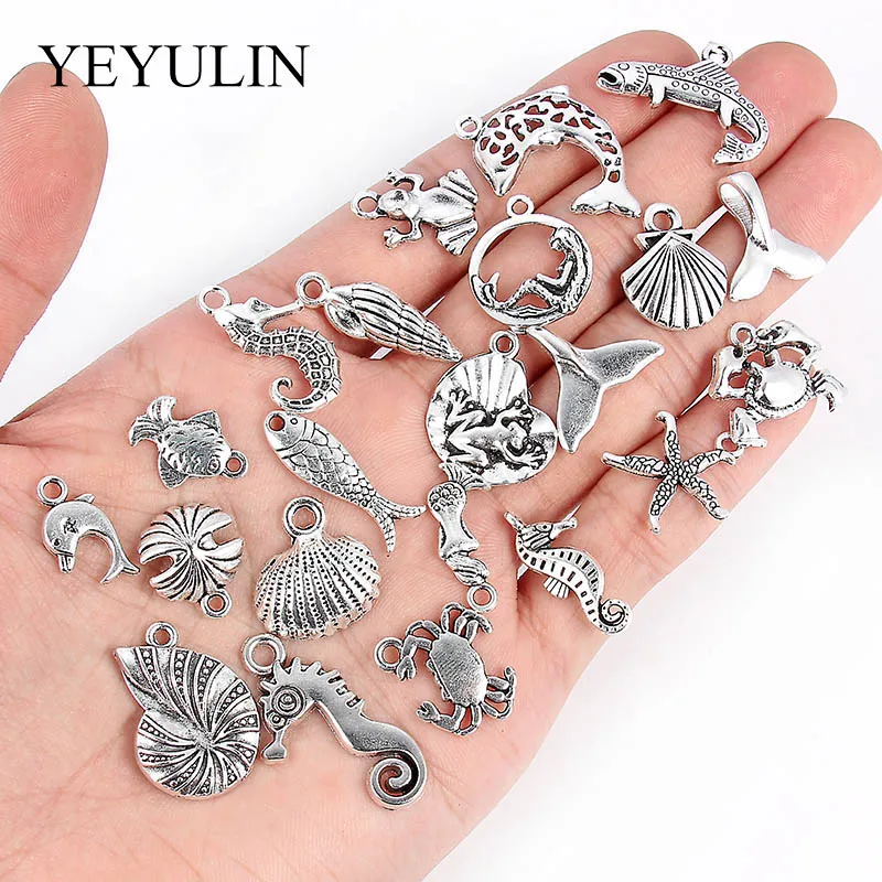

40pcs Antique Silver Sea Animal Shape Marine Organism Alloy Pendant Bracelet Charm For DIY Fashion Jewelry Making Accessories
