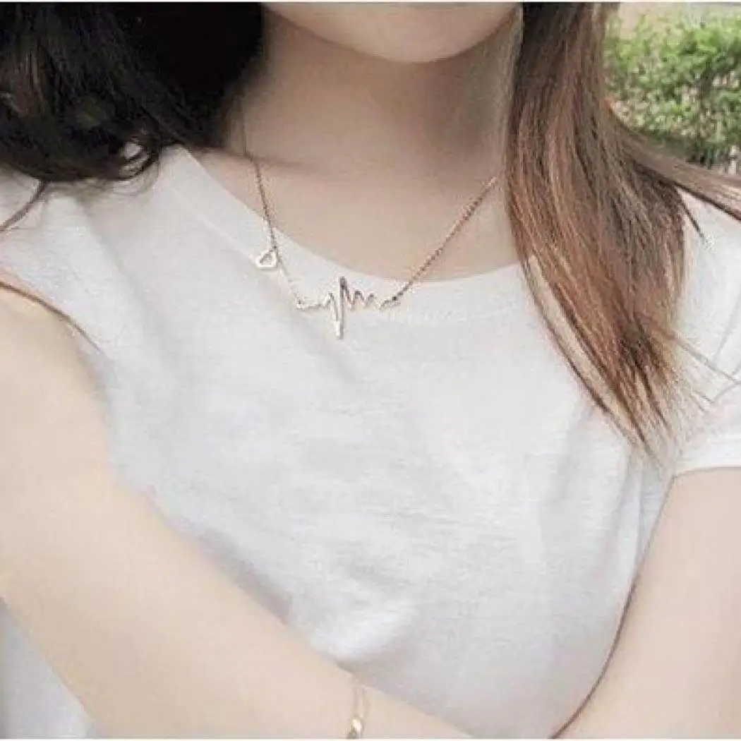 

New Fashion Women Geometric Shape Charm Chain Pendant Electrocardiogram Jewelry Link Necklace Golden, Silver